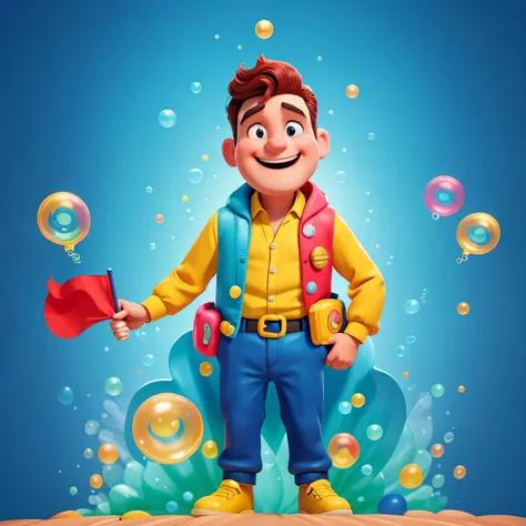 A jubilant man, dressed in bright colors, waves a flag bearing the sign "no more bubbles" against a whimsical background filled with bubbles. His expression is cheerful, and the scene is light-hearted, despite the contrast between the mans message and the ...