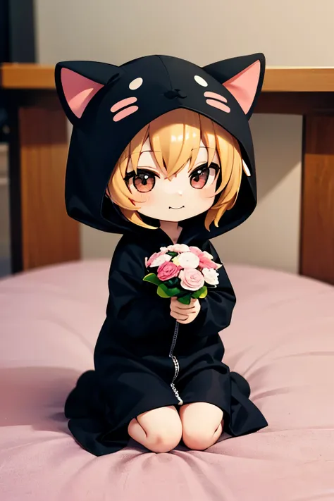 (Chibi:1.3), happy, (holding a bouquet), full body, (Kigurumi), indoors, on the table, (Nendoroid:1.1),