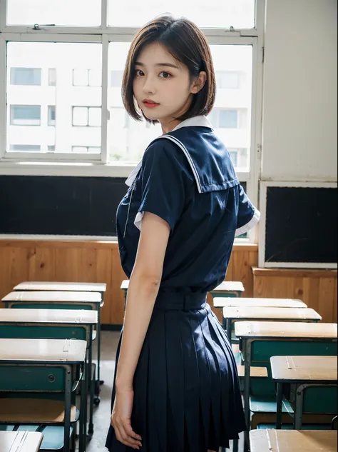 Silver Shortbob Hair：1.8, Beautiful women, Sideface、(Short Sleeve White Sailor 、Navy blue pleated skirt：1.5), Lift your butt：1.5，bare hands：1.5， extremely sexy, ultimate picture quality, (school classroom:1.5), bright light、cute face beautiful ass:1.2, con...