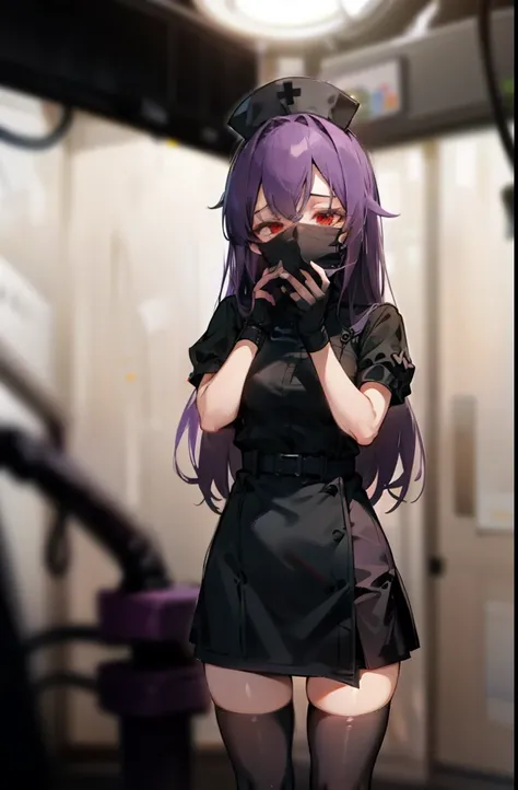 black nurse, 1 female, black nurse cap, Black Wear, ((black legwear, zettai ryouiki)), black elbow gloves, long hair, purple hair, red eyes, ((Black surgical mask, Covered nose)), Are standing, ((operating room)), sharp outline, short sleeve, mature woman,...