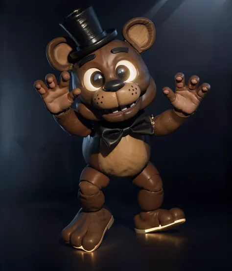 little freddy fazbear, bear character, realistic animatronic costume, animatronic, cartoon character with a top hat, black hat, ...