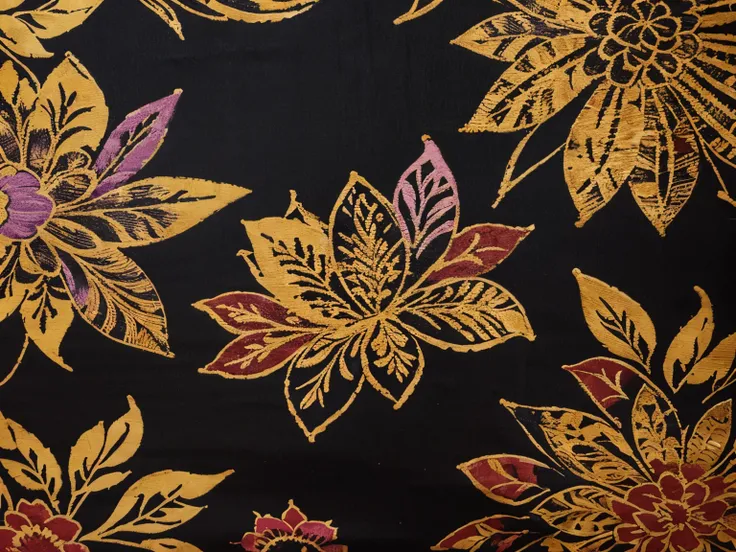 Malaysian batik printed on a piece of fabric, size 3 x 4 meter, with dense and complicated colorful floral motives, bright background, hyper-realistic