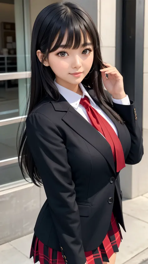 ((best quality)), ((muste piece)), (detailed breasts), (highlight), perfect face　Young girl highlighting large breasts with detailed face、Long, thick, shiny, beautiful black hair with blunt bangs、solid color background、Standing wearing red and black blazer...