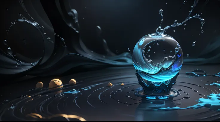 there is a blue and white object in the middle of the round object，valve promotional splash art，mana flowing around，3d fluid sim...