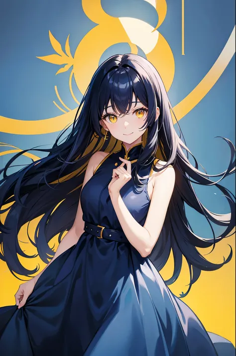 Cover magazine. anime, A woman. long hair. navy hair. Dark blue hair. golden eyes. Yellow eye. Half Body potrait. Upper body. Smile. Cute elegan dress. Light color dress. Casual dress. Blue sky background