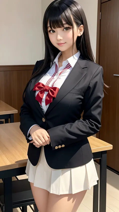 ((best quality)), ((muste piece)), (detailed breasts), (highlight), perfect face　Young girl highlighting large breasts with detailed face、Long, thick, shiny, beautiful black hair with blunt bangs、solid color background、Standing wearing red and black blazer...