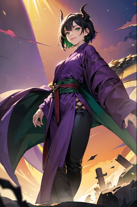 A dragon girl, dragon horns, short black hair, ((green eyes)), (high resolution), ((purple robe, noble robe)), tight pants, dark underwear, (high resolution), high quality, mature , seductive posture, perfect eyes, sinister smile