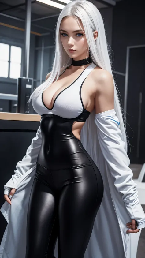 1 beautiful woman, white hair (Long), Blue eyes, perfect body, white skin, makeup, sportswear and black leggings ((tight)), sexy pose, (masterpiece), (raytracing), (8K), (photorealistic)