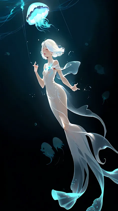 (best quality,4k,8k,highres,masterpiece:1.2),ultra-detailed,(realistic,photorealistic,photo-realistic:1.37),girl in a long white dress with a semi-transparent body, exquisitely detailed facial features, closed eyes, surrounded by glowing jellyfish, in the ...