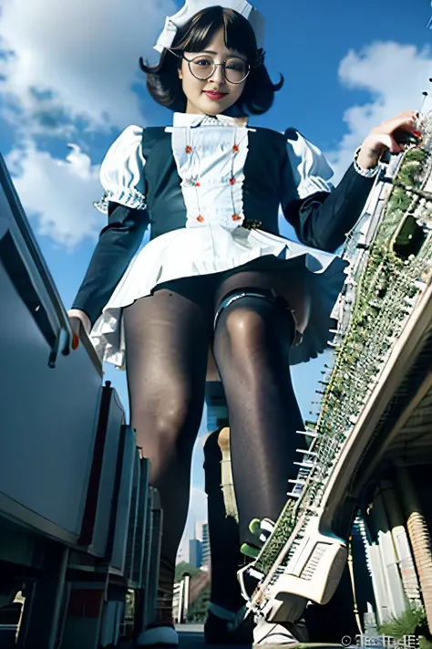 a plan of a city, giantess art, 非常に詳細なGiantショット, Giant, short hair, black pantyhose, A maid that is much bigger than a skyscraper, wearing rimless glasses, big breasts, big butt, navy maid uniform, black pantyhose, black shoes, very small metropolis, minia...