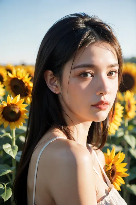 Create a photo-realistic portrait of a beautiful woman standing amongst a field of sunflower . Use light and shadow to capture the delicate contours of her face and the intricate details of her hair. 