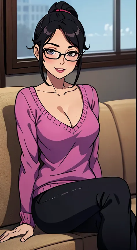 Sexy and cute woman, black hair in a ponytail, glasses, pink lips, purple knitted sweater, black pants, sitting on couch, seductive yet comforting smile, blushing, medium chest, cleavage, perfect body 