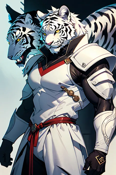 white tiger monster, muscular monster, Wearing traditional oriental white leather armor.