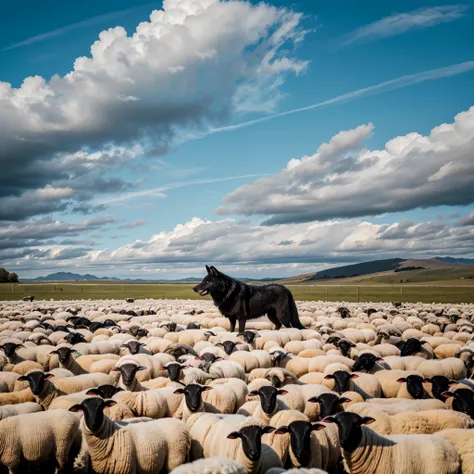 a gigantic black wolf stands in a huge flock of white sheep, outdoor, clear cloudy sky, (a huge flock of white sheep), high details, photorealistic,