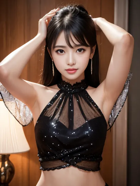 (masterpiece,High resolution,high quality)、Beautiful woman、perfect anatomy、beautiful limbs、Crystal clear black eyes、Glittery black hair、(To live、love)、Perfect model、beautiful skin、blouse、professional photography、