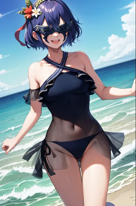 masterpiece, best quality, sumLucy, short hair, hair ornament, mask, covered eyes, see-through, halterneck, bikini, playing in the ocean, splashing, big smile