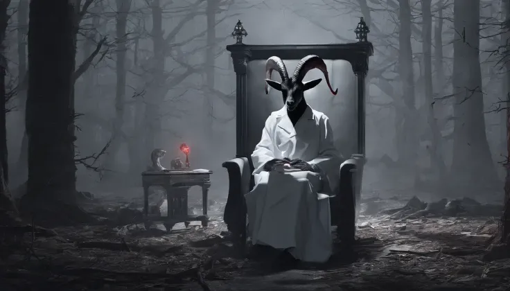 Demon mental clinic in the woods, black goat demon in white coat, glowing red eyes, black goat psychiatrist, sitting in chair for examination, 8K, high definition, examination room with eerie paintings, 2.5D, deformation, black goat with inappropriate smil...