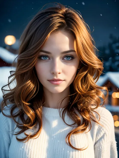 (Close up portrait:1.3), (from above:1.1). an ultra hot gorgeous European woman, age 23, she’s a playmate, men magazine model. She has round little cheeks. Flirts with camera, subtle smile. (Ginger wavy hair. Green eyes:1.2) (she’s standing in a snowy vill...