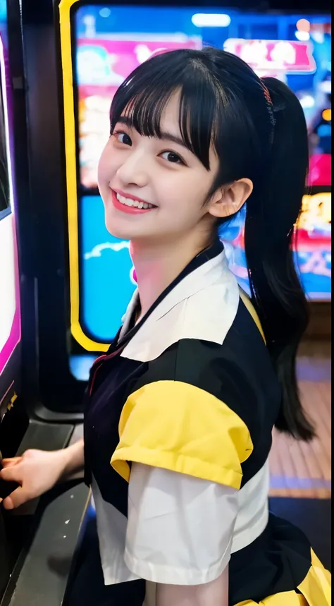 masterpiece, best quality,   kawaii face, black hair, ponytail,  {{}}, A high school girl playing Street Fighter II in a video arcade,
She is looking at the screen, laughing, and tapping the games cabinet, 