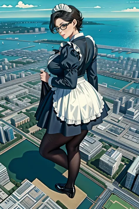 giantess art, 非常に詳細なGiantショット, Giant, short hair, black pantyhose, A maid that is much bigger than a skyscraper, wearing rimless glasses, big breasts, big butt, navy maid uniform, black pantyhose, black shoes, very small metropolis, miniature metropolis, f...