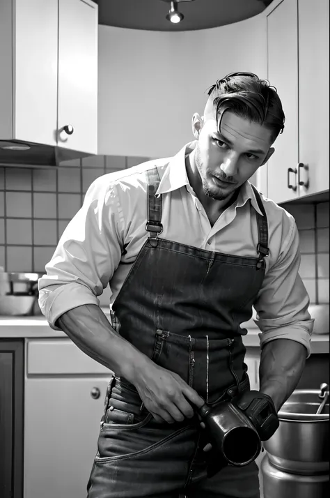 black and white photo (tom hardy is repairing a water pipe), his fair and smooth skin is flawless, his eyes are deep, his chin a...