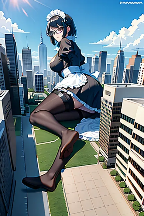 giantess art, 非常に詳細なGiantショット, Giant, short hair, black pantyhose, A maid that is much bigger than a skyscraper, wearing rimless glasses, big breasts, big butt, navy maid uniform, black pantyhose, black shoes, very small metropolis, miniature metropolis, f...