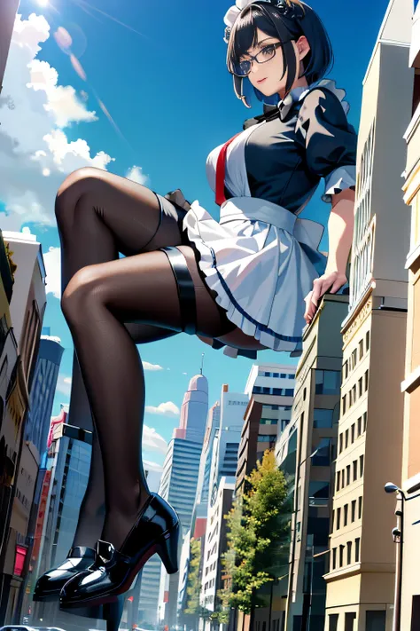 giantess art, 非常に詳細なgiantショット, giant, short hair, black pantyhose, a maid that is much bigger than a skyscraper, wearing rimless...