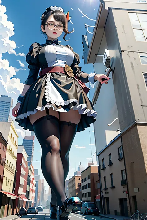 giantess art, 非常に詳細なGiantショット, Giant, short hair, black pantyhose, A maid that is much bigger than a skyscraper, wearing rimless glasses, big breasts, big butt, navy maid uniform, black pantyhose, black shoes, very small metropolis, miniature metropolis, f...