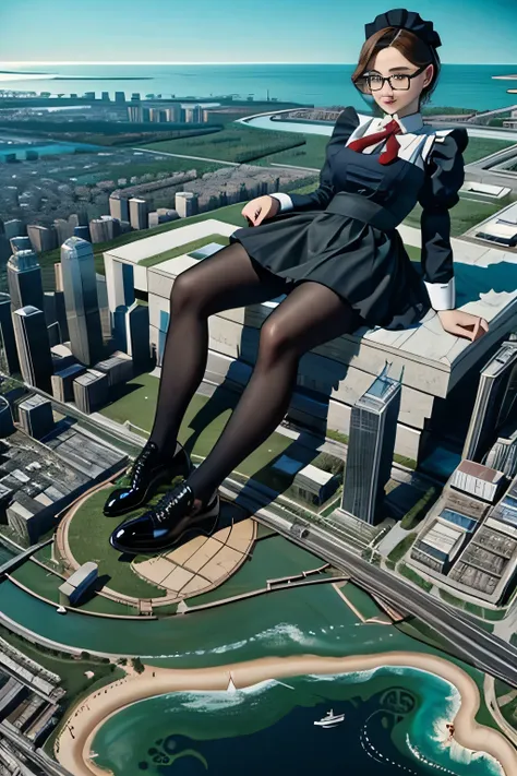 giantess art, 非常に詳細なgiantショット, giant, short hair, black pantyhose, a maid that is much bigger than a skyscraper, wearing rimless...