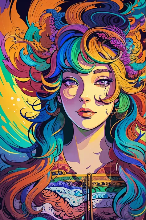 a painting of a woman with long hair and colorful hair, beautiful digital illustration, stunning digital illustration, gorgeous digital art, a beautiful artwork illustration, beautiful digital artwork, beautiful digital art, exquisite digital illustration,...