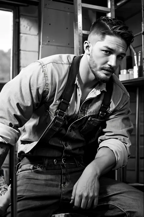 (black and white photo), (tom hardy is repairing a car engine), his fair and smooth skin is flawless, his eyes are deep, his chi...