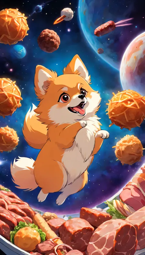 Orange Pomeranian Fox face, Sausage and Meat Ball in Space, Sci-fi