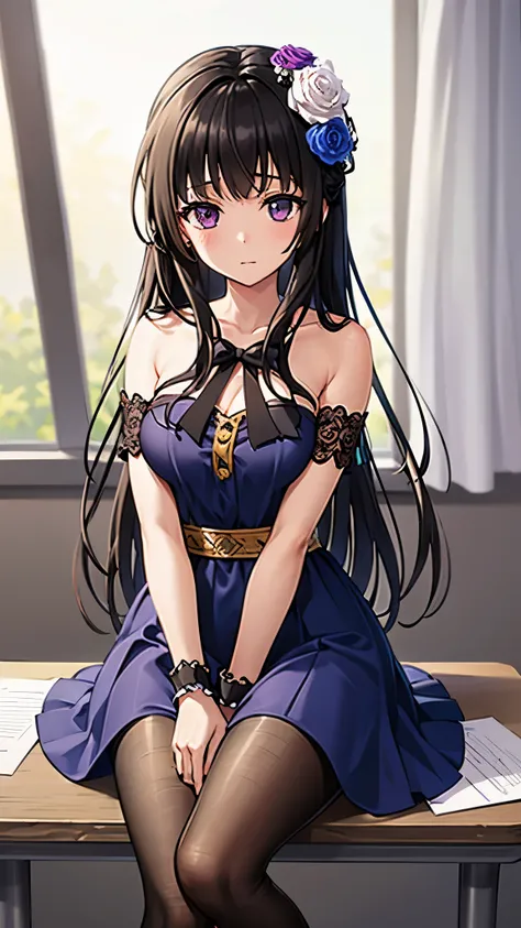 ((masterpiece, best quality)),very detailed, simple eyes,class room,1girl,(pantyhose),medium breasts,rinko shirokane , bangs, bare_shoulders, black_hair, slight worry , blue_bow, blue_dress, blue_flower, blue_rose, bow, dress, flower, hair_flower, hair_orn...