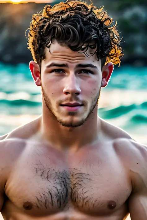 Nick Jonas, wet wavy hair, torse nu, superbe detailed eyes, poitrine poilue, broad shoulders, Muscled body, Abdos, voyage heureux, Wet body, les deux mains touchent sa poitrine, coucher de soleil sur la plage, ocean, vagues, portrait, spectaculaire, attrac...