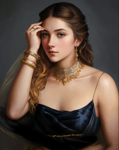 portrait, girl, middle ages, classicism, andrey atroshenko style, painting, pierced eyes, beautifully styled hair, traditional media, realistic, figurative, fine art, oil on canvas, HDR, 8K, original character, high resolution, high detail, focus on the fa...