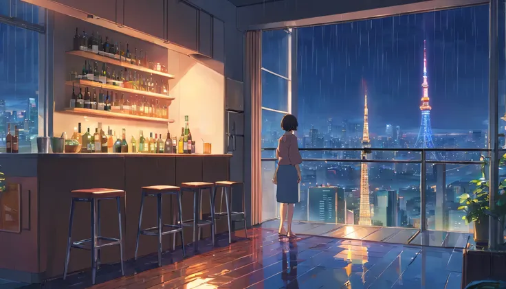 unmanned, night, rain, tokyo, room, large window overlooking beautiful city scenery, (staring at the scenery), whisky, wine, jazz vibes