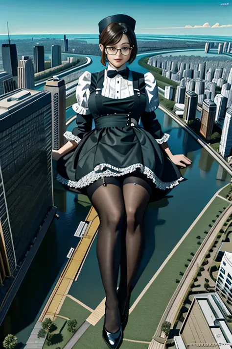 giantess art, 非常に詳細なgiantショット, giant, short hair, black pantyhose, a maid that is much bigger than a skyscraper, wearing rimless...