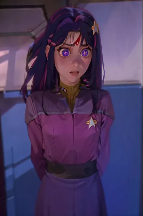 Hoshino Ai, long hair, purple hair, streaked hair ,purple eyes, star-shaped pupils, hair ornament shocked expressio ds9st uniform