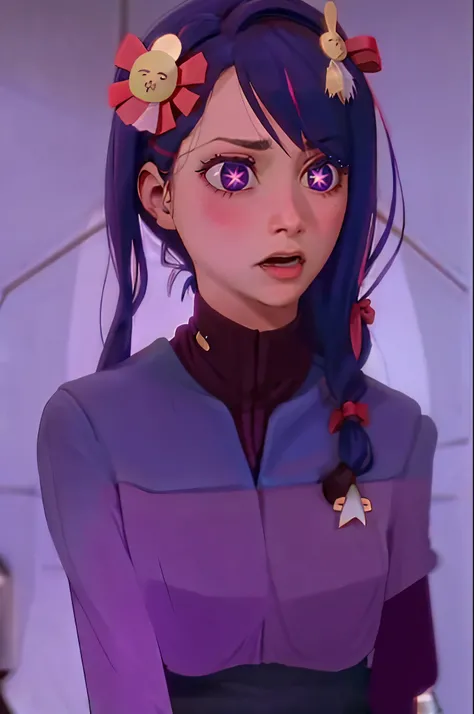 Hoshino Ai, long hair, purple hair, streaked hair ,purple eyes, star-shaped pupils, hair ornament shocked expressio ds9st uniform