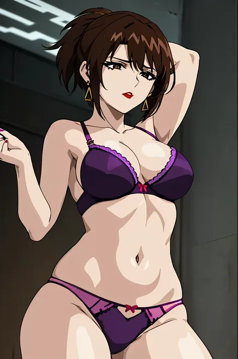 1women,solo,beautiful anime women,
((dark brown eyes,eyeshadow,brown hair, short hair, folded ponytail, red lipstick)),earrings,...