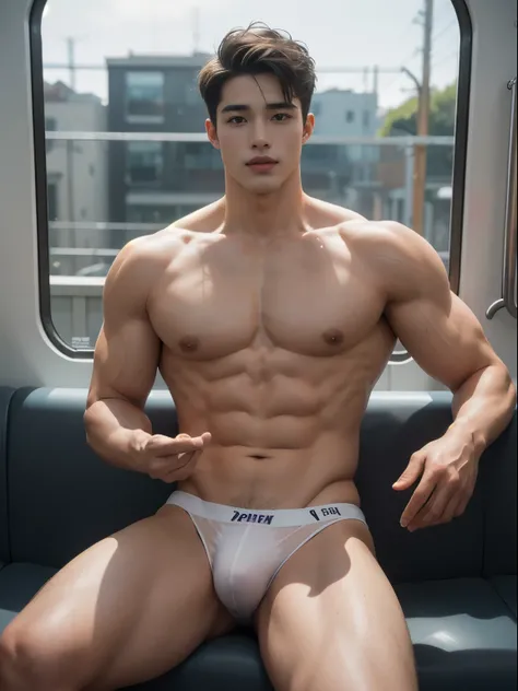 Sexy muscular, big plump pecs, confident cocky slight smile casual friendly guy smirking twinkle eyes smooth skin femboy queer athletic Hispanic, looks seductively into the camera, throbbing, man , wearing a white satin underwear, has nice top white trim a...