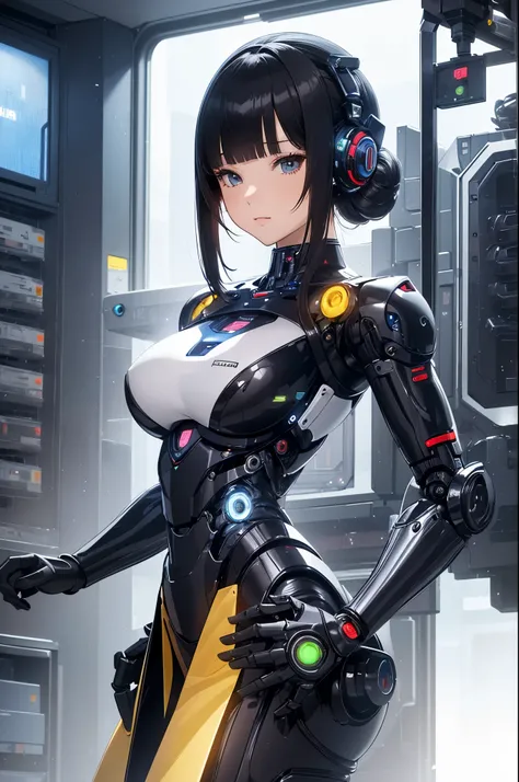 masterpiece, best quality, extremely detailed, (8K, 4K, Best Quality, hight resolution, 超A high resolution:1.1), Japaese Cyborg girl,Plump , control panels,android,Droid,Mechanical Hand, Robot arms and legs, Black Robot Parts,Black hair,Mechanical body,Blu...