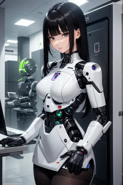 masterpiece, best quality, extremely detailed, (8K, 4K, Best Quality, hight resolution, 超A high resolution:1.1), Japaese Cyborg girl,Plump , control panels,android,Droid,Mechanical Hand, Robot arms and legs, Black Robot Parts,Black hair,Mechanical body,Blu...