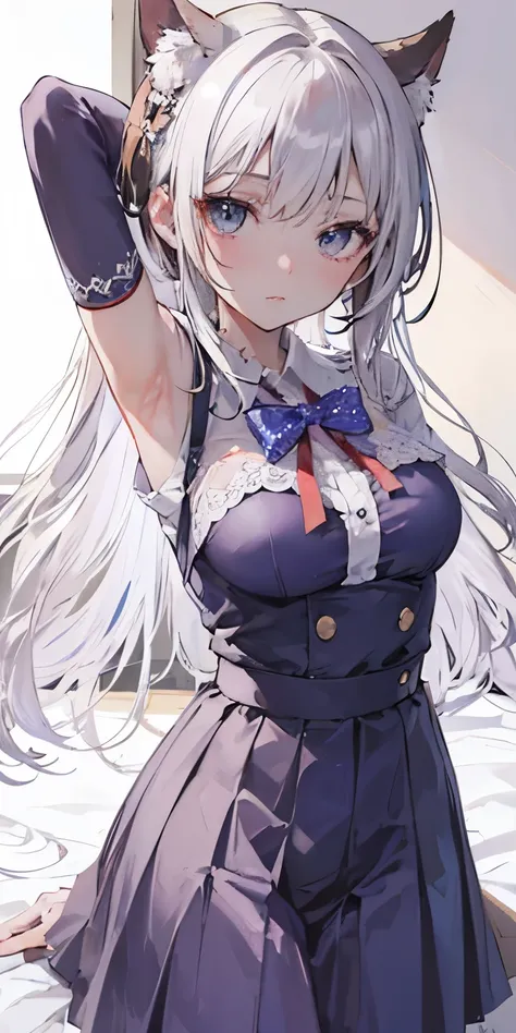 "Create a cute anime-style girl with silver hair and beautiful light blue eyes."