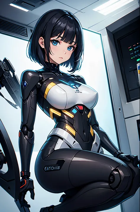 masterpiece, best quality, extremely detailed, (8K, 4K, Best Quality, hight resolution, 超A high resolution:1.1), Japaese Cyborg girl,Plump , control panels,android,Droid,Mechanical Hand, Robot arms and legs, Black Robot Parts,Black hair,Mechanical body,Blu...