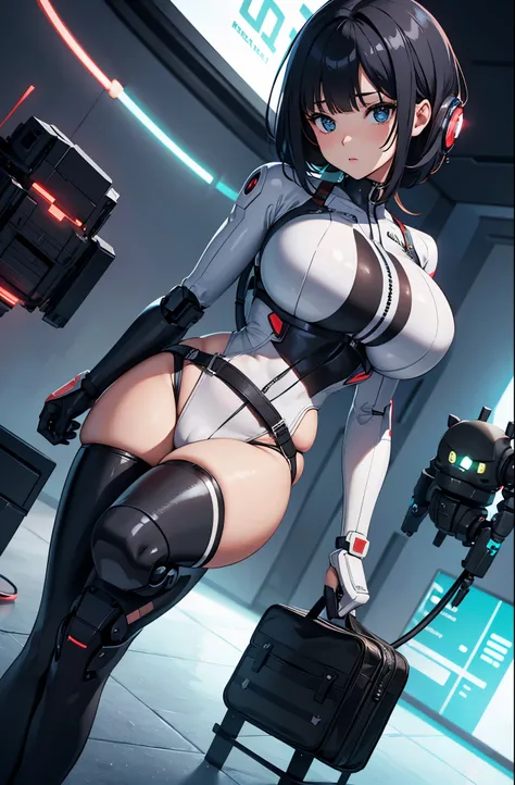 masutepiece, Best Quality, Extremely detailed, (8K, 4K, Best Quality, hight resolution, 超A high resolution:1.1), 8K portrait,Japaese Cyborg Girl,Plump , announcer,control panels,android,Droid,Mechanical Hand, ,Robot arms and legs, Black Robot Parts,Black h...