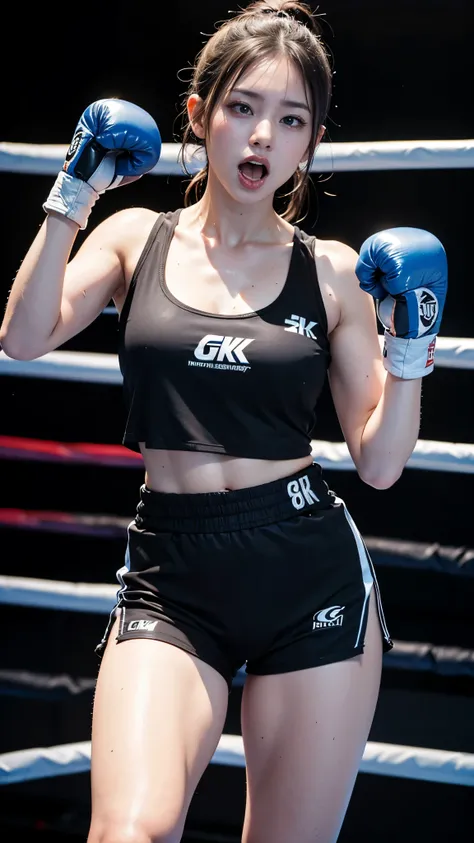 8k, highest quality, masterpiece, Realistic, real person, unity 8k wallpaper, (1 girl) , beautiful eyes, (delicate face) , perfect details, (best lighting) , (super intricate details) , (Boxing Girl) , (sexy), Sweat, heavy breathing, (((Screaming with big ...