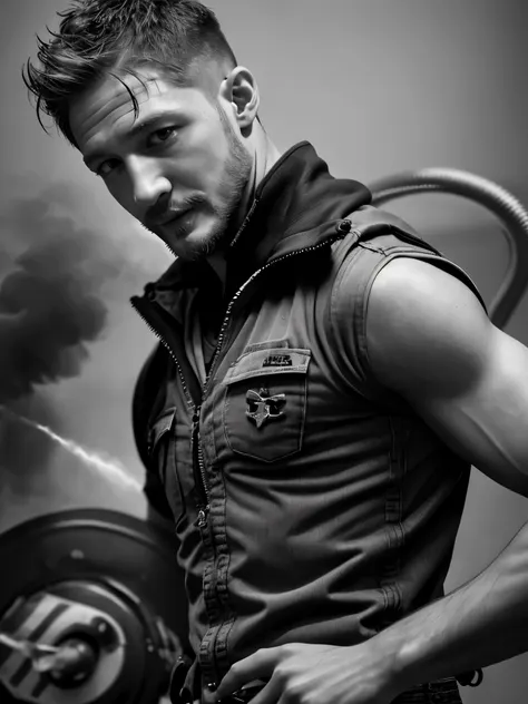 (black and white photo shoot), (firefighter actor tom hardy is extinguishing the fire), tom hardy (holding a super large air gun...