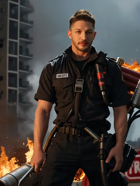 (black and white photo shoot), (firefighter actor tom hardy is extinguishing the fire), tom hardy (holding a super large air gun...