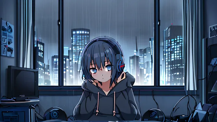 Dawn, Lofi Room, 1 girl, wearing headphone, dark gray hoodie, dark short blue hair, raining window, looking monitor